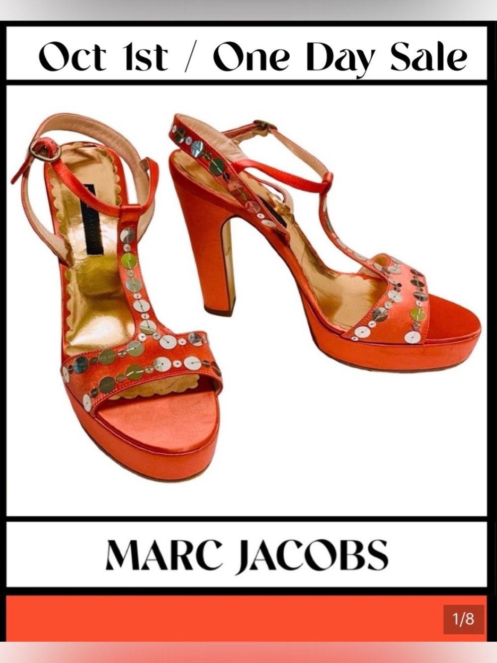 MARC JACOBS Italy Coral Silk Satin Platform Sandal Shoes w/ Silver Sequins 9M